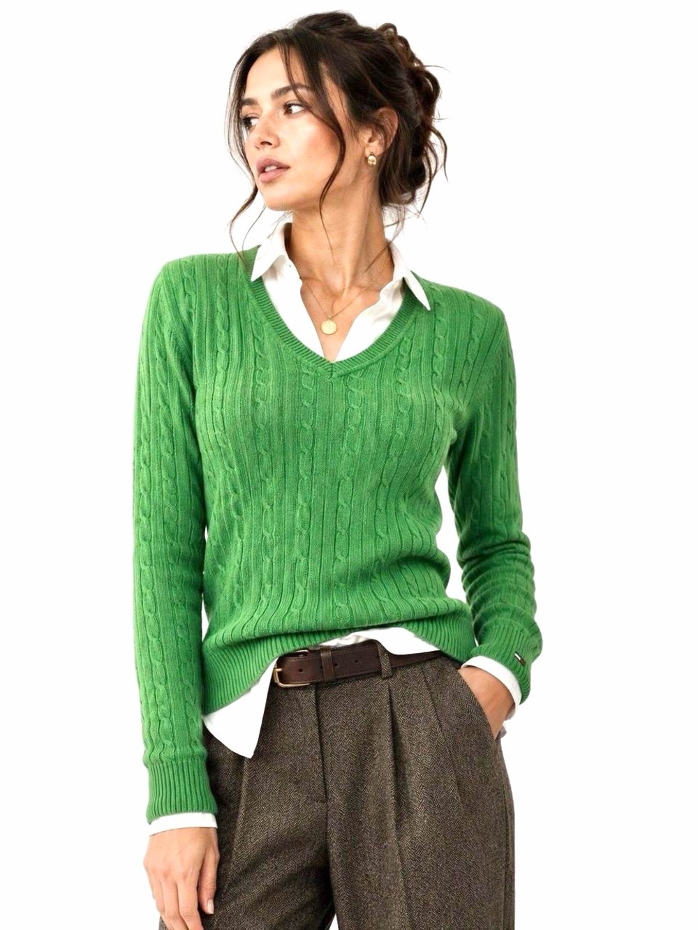 Tommy Hilfiger Pima cotton Green Cable Knit V-Neck Sweater - Women's medium